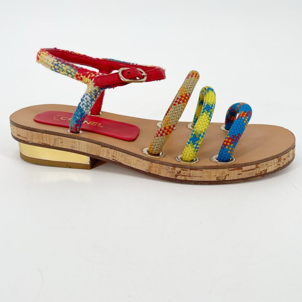 Chanel S/S 2017 Multicolor Rope Cork CC Gold Heel Ankle Strap Sandals EU 37 - Picture 2 of 12